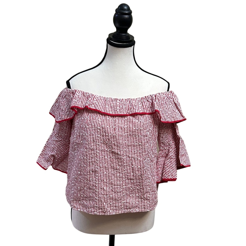 Zara Basic Collection‎ Red Striped Eyelet Off Shoulder Ruffle Blouse Top